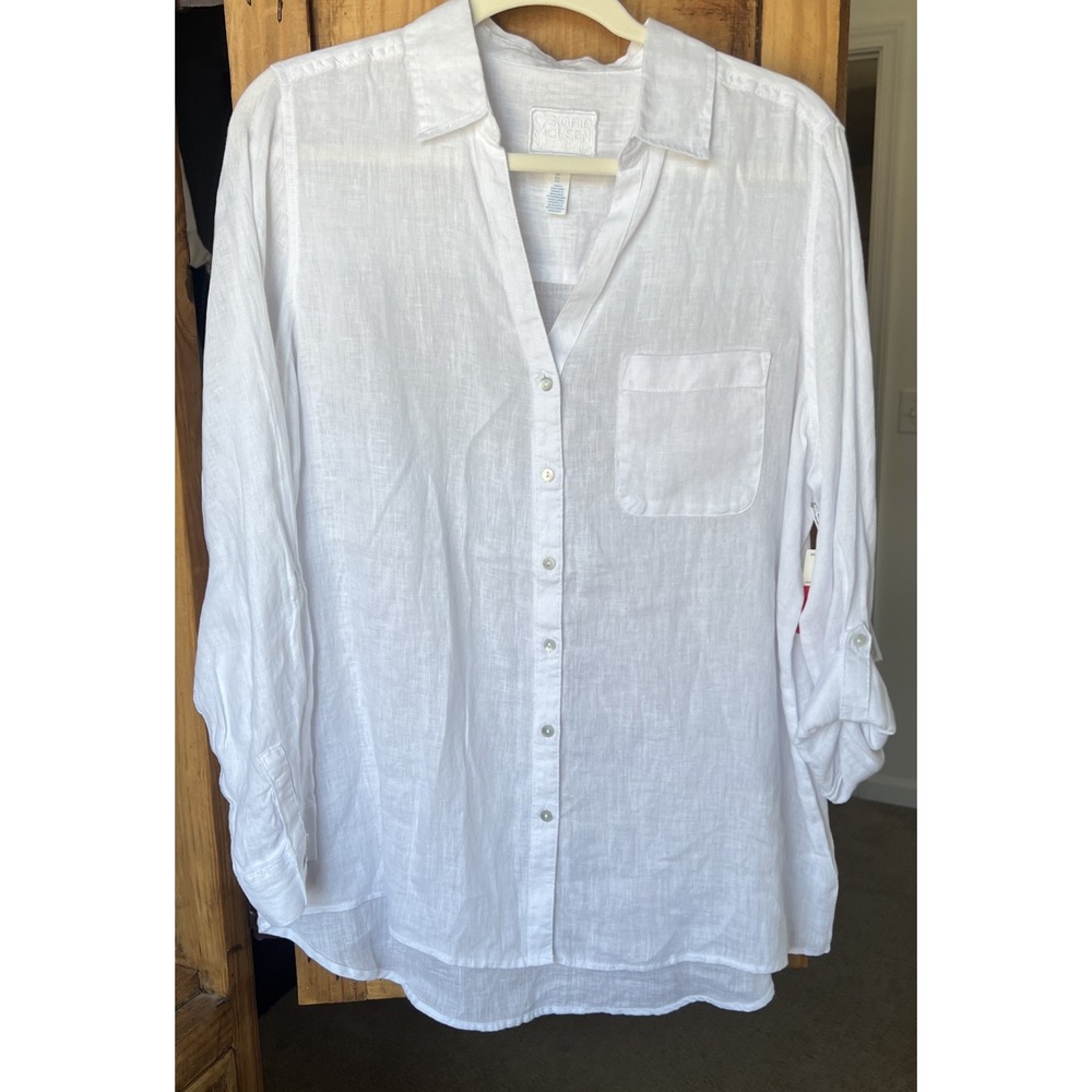 Sigird Olsen Women's 100% Linen Top Size L Button Down Roll Tab Sleeves White